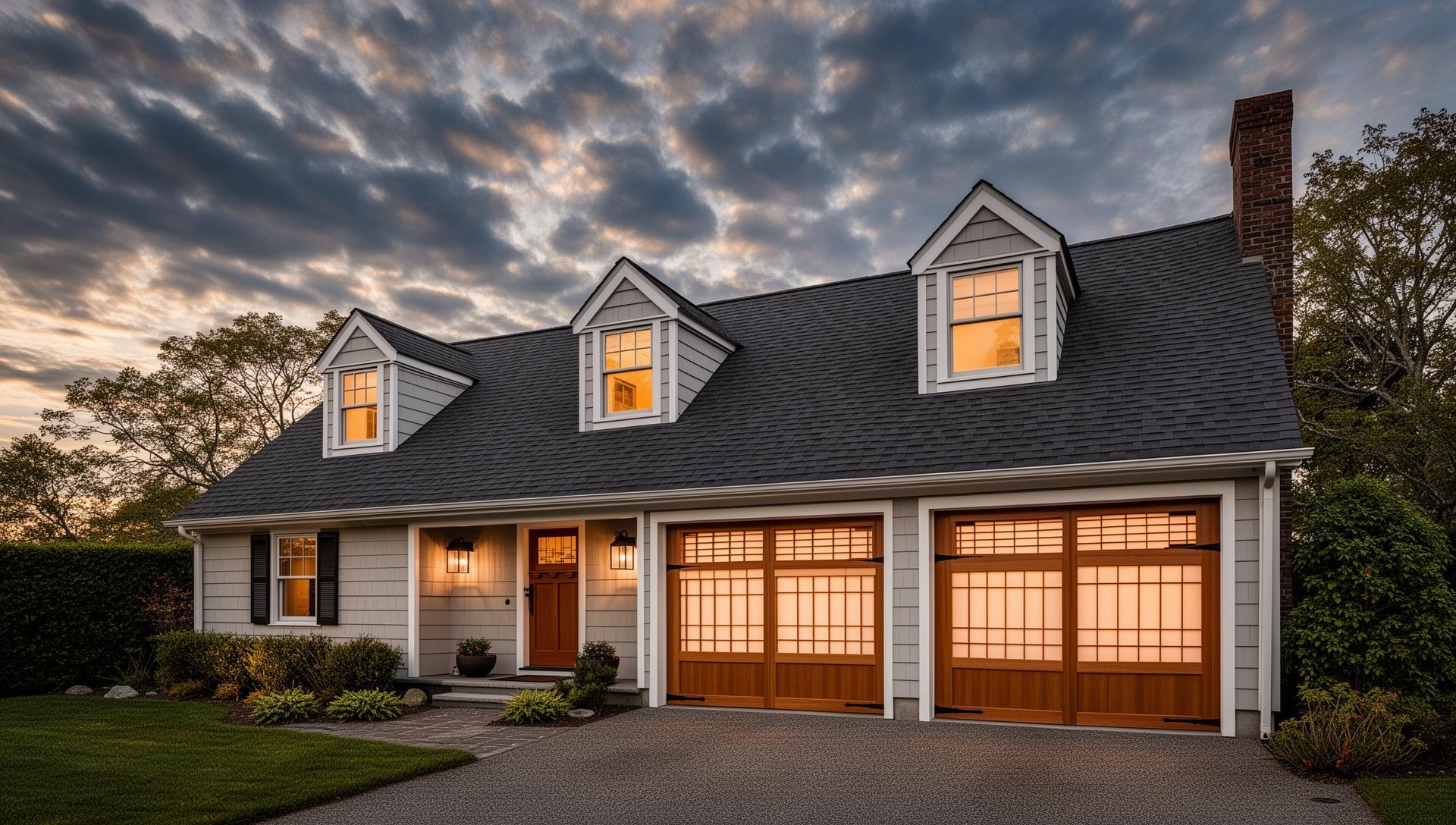 Beautiful Cape Cod cottage with Asian-inspired garage doors featuring shoji screen panels in Preston, WA